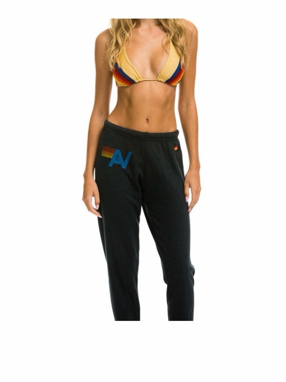 Aviator Nation Black Joggers with Rainbow Stripe and Blue AV Logo